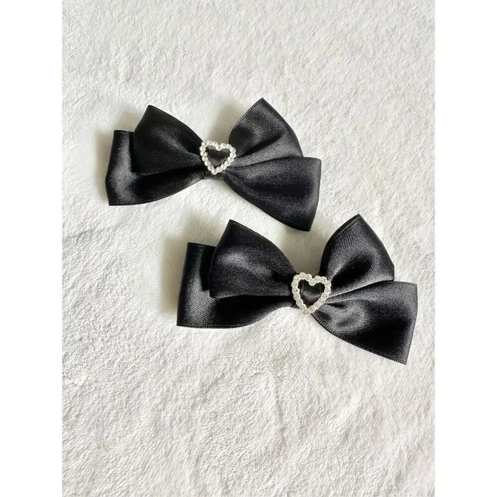 Set a two rhinestone heart black hair bows with hair clip ￼